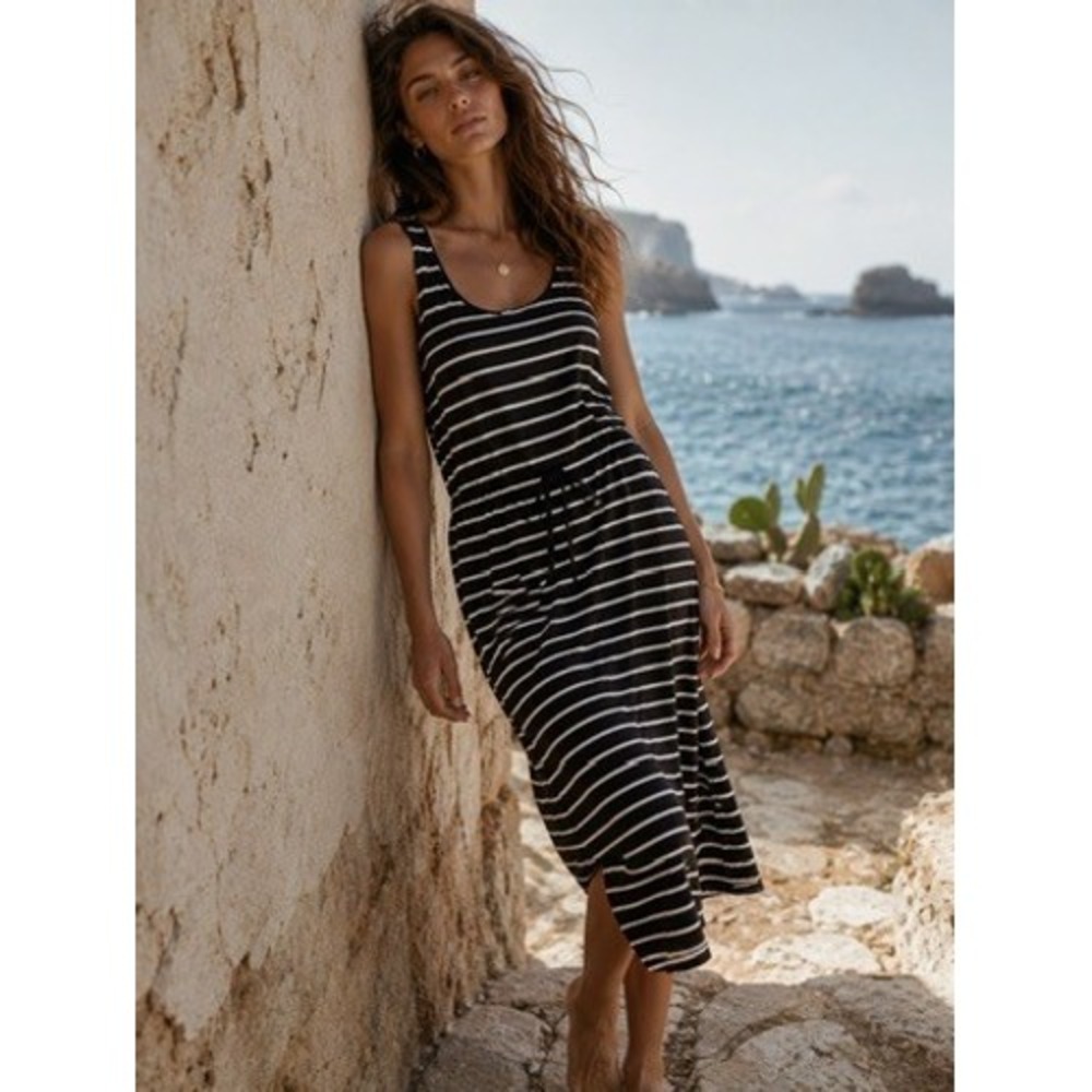 J. Jill Fit Black White Striped Sleeveless Maxi Dress Drawstring Tall Large